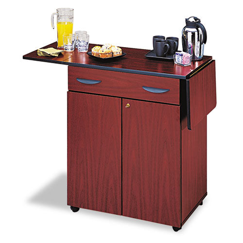Image of Safco® Hospitality Cart with Drop Leaves, Engineered Wood, 3 Shelves, 1 Drawer, 32.5" to 56.25" x 20.5" x 38.75", Mahogany