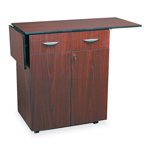 Image of Safco® Hospitality Cart with Drop Leaves, Engineered Wood, 3 Shelves, 1 Drawer, 32.5" to 56.25" x 20.5" x 38.75", Mahogany