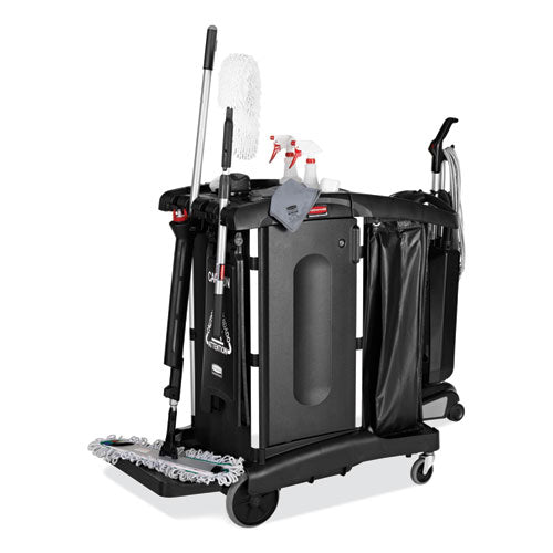 Image of Rubbermaid® Commercial Executive High Security Janitorial Cleaning Cart, Plastic, 4 Shelves, 1 Bin, 23.1" x 39.6" x 27.5", Black