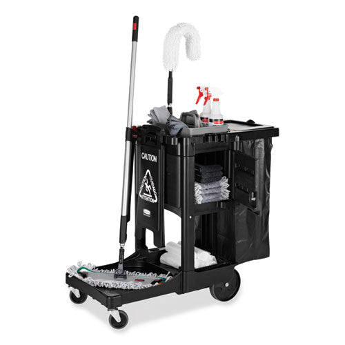 Image of Rubbermaid® Commercial Executive Janitorial Cleaning Cart, Plastic, 4 Shelves, 1 Bin, 12.1" x 22.4" x 23", Black