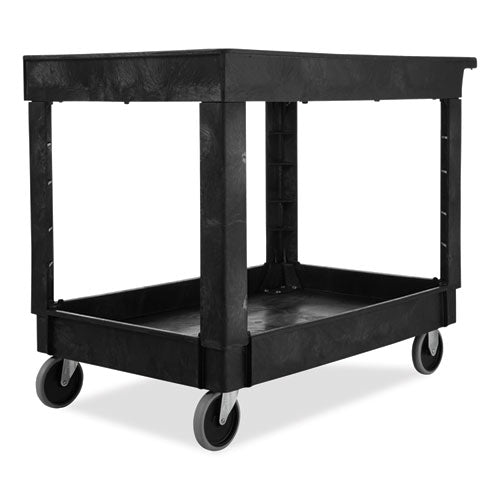 Image of Rubbermaid® Commercial Heavy-Duty Flat-Handle Maintenance/Utility Cart, Plastic, 2 Shelves, 500 lb Capacity, 24" x 40" x 31.25", Black