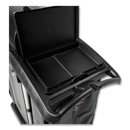 Image of Rubbermaid® Commercial Executive High Security Janitorial Cleaning Cart, Plastic, 4 Shelves, 1 Bin, 23.1" x 39.6" x 27.5", Black