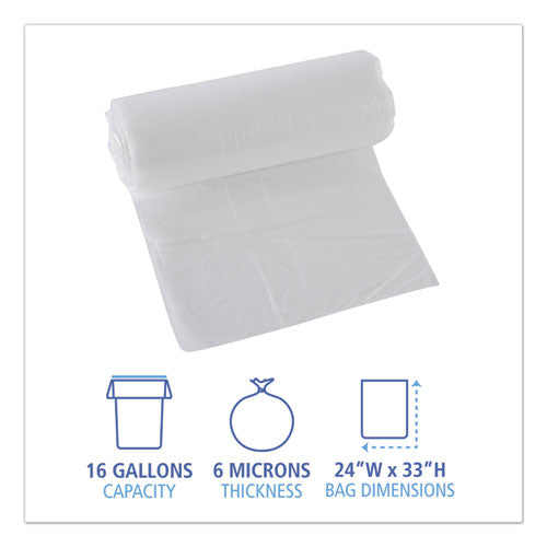 Image of Boardwalk® High-Density Can Liners, 16 gal, 6 mic, 24" x 33", Natural, Perforated Roll, 50 Bags/Roll, 20 Rolls/Carton