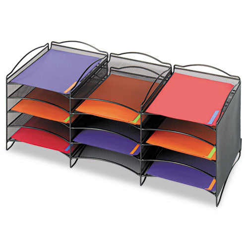 Image of Safco® Onyx Steel Mesh Lliterature Sorter, 12 Compartments, 30 x 12.75 x 11.25, Black