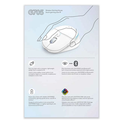 Image of Logitech® G705 Wireless Gaming Mouse, 2.4 GHz Frequency/33 ft Wireless Range, Right Hand Use, White