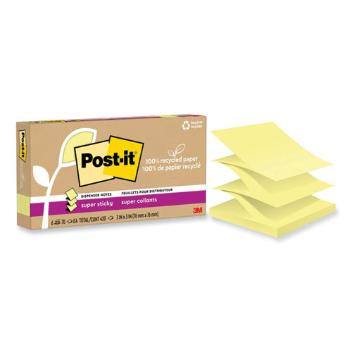 Image of Post-it® Notes Super Sticky 100% Recycled Paper Super Sticky Notes, 3" x 3", Canary Yellow, 70 Sheets/Pad, 6 Pads/Pack