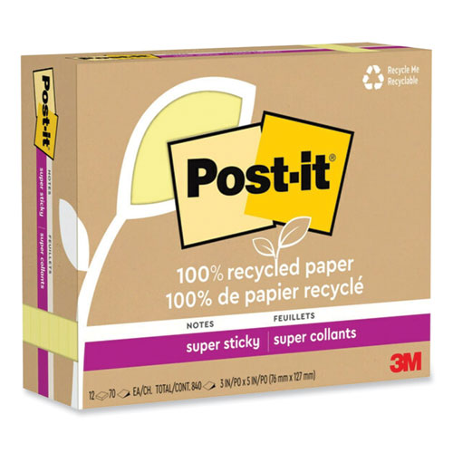 Image of Post-it® Notes Super Sticky 100% Recycled Paper Super Sticky Notes, 3" x 5", Canary Yellow, 70 Sheets/Pad, 12 Pads/Pack