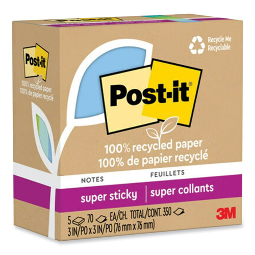 Image of Post-it® Notes Super Sticky 100% Recycled Paper Super Sticky Notes, 3" x 3", Oasis, 70 Sheets/Pad, 5 Pads/Pack