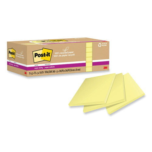 Image of Post-it® Notes Super Sticky 100% Recycled Paper Super Sticky Notes, 3" x 3", Canary Yelow, 70 Sheets/Pad, 12 Pads/Pack