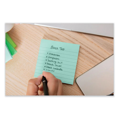 Image of Post-it® Notes Super Sticky 100% Recycled Paper Super Sticky Notes, Ruled, 4" x 4", Oasis, 70 Sheets/Pad, 3 Pads/Pack