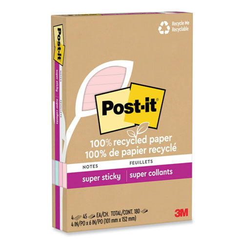Image of Post-it® Notes Super Sticky 100% Recycled Paper Super Sticky Notes, Ruled, 4" x 6", Wanderlust Pastels, 45 Sheets/Pad, 4 Pads/Pack