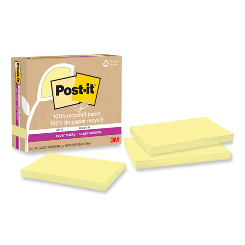 Image of Post-it® Notes Super Sticky 100% Recycled Paper Super Sticky Notes, 3" x 5", Canary Yellow, 70 Sheets/Pad, 12 Pads/Pack
