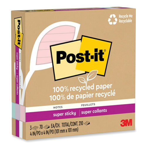 Image of Post-it® Notes Super Sticky 100% Recycled Paper Super Sticky Notes, Ruled, 4" x 4", Wanderlust Pastels, 70 Sheets/Pad, 3 Pads/Pack