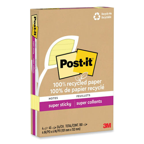 Image of Post-it® Notes Super Sticky 100% Recycled Paper Super Sticky Notes, Ruled, 4" x 6", Canary Yellow, 45 Sheets/Pad, 4 Pads/Pack