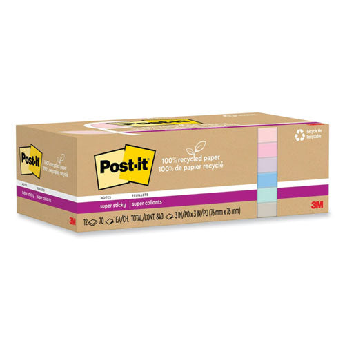Image of Post-it® Notes Super Sticky 100% Recycled Paper Super Sticky Notes, 3" x 3", Wanderlust Pastels, 70 Sheets/Pad, 12 Pads/Pack