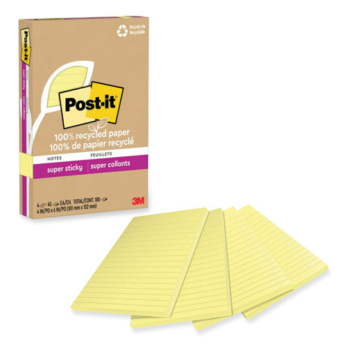 Image of Post-it® Notes Super Sticky 100% Recycled Paper Super Sticky Notes, Ruled, 4" x 6", Canary Yellow, 45 Sheets/Pad, 4 Pads/Pack