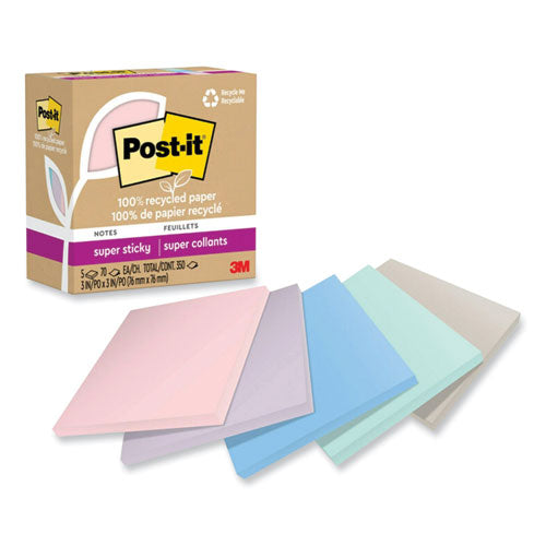 Image of Post-it® Notes Super Sticky 100% Recycled Paper Super Sticky Notes, 3" x 3", Wanderlust Pastels, 70 Sheets/Pad, 5 Pads/Pack