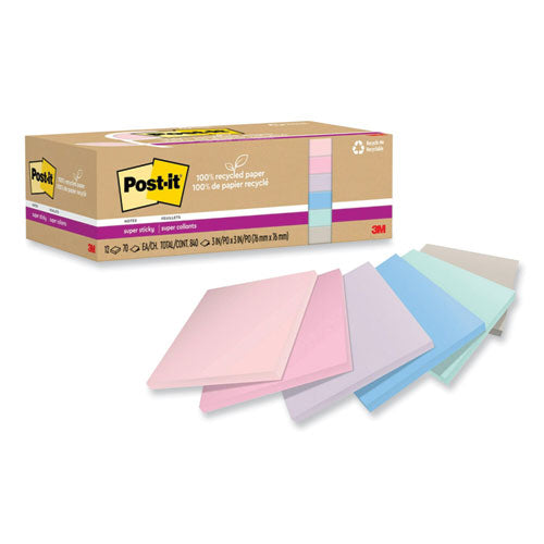 Image of Post-it® Notes Super Sticky 100% Recycled Paper Super Sticky Notes, 3" x 3", Wanderlust Pastels, 70 Sheets/Pad, 12 Pads/Pack