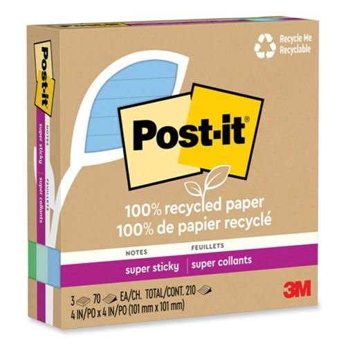 Image of Post-it® Notes Super Sticky 100% Recycled Paper Super Sticky Notes, Ruled, 4" x 4", Oasis, 70 Sheets/Pad, 3 Pads/Pack