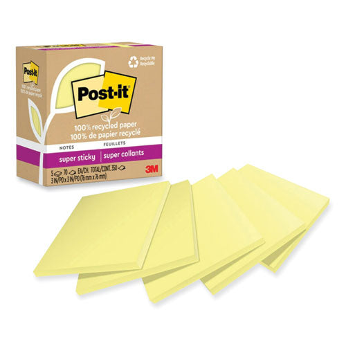 Image of Post-it® Notes Super Sticky 100% Recycled Paper Super Sticky Notes, 3" x 3", Canary Yellow, 70 Sheets/Pad, 5 Pads/Pack