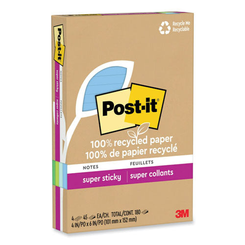 Image of Post-it® Notes Super Sticky 100% Recycled Paper Super Sticky Notes, Ruled, 4" x 6", Oasis, 45 Sheets/Pad, 4 Pads/Pack