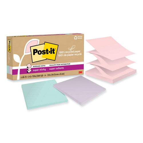 Image of Post-it® Notes Super Sticky 100% Recycled Paper Super Sticky Notes, 3" x 3", Wanderlust Pastels, 70 Sheets/Pad, 6 Pads/Pack