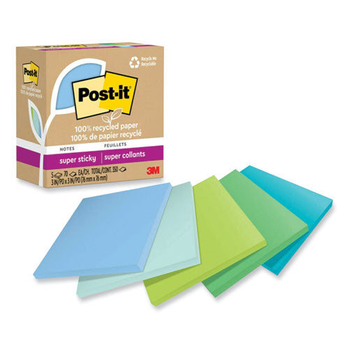 Image of Post-it® Notes Super Sticky 100% Recycled Paper Super Sticky Notes, 3" x 3", Oasis, 70 Sheets/Pad, 5 Pads/Pack