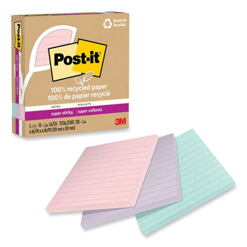 Image of Post-it® Notes Super Sticky 100% Recycled Paper Super Sticky Notes, Ruled, 4" x 4", Wanderlust Pastels, 70 Sheets/Pad, 3 Pads/Pack