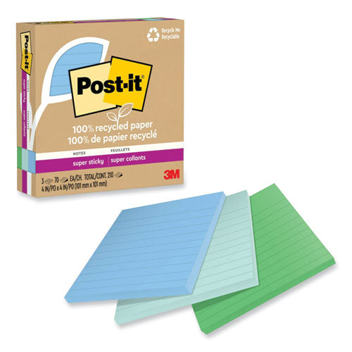 Image of Post-it® Notes Super Sticky 100% Recycled Paper Super Sticky Notes, Ruled, 4" x 4", Oasis, 70 Sheets/Pad, 3 Pads/Pack