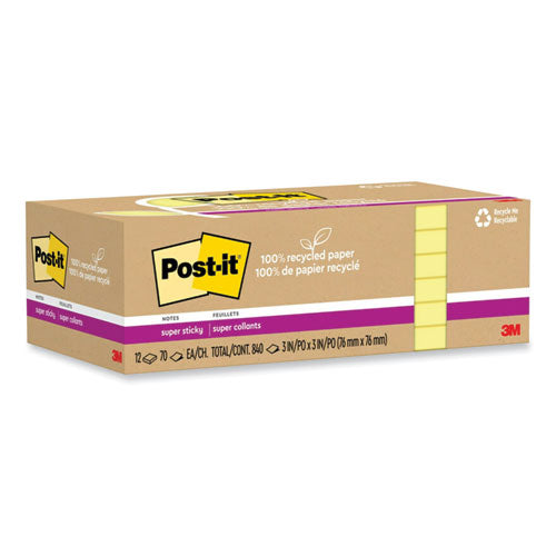 Image of Post-it® Notes Super Sticky 100% Recycled Paper Super Sticky Notes, 3" x 3", Canary Yelow, 70 Sheets/Pad, 12 Pads/Pack