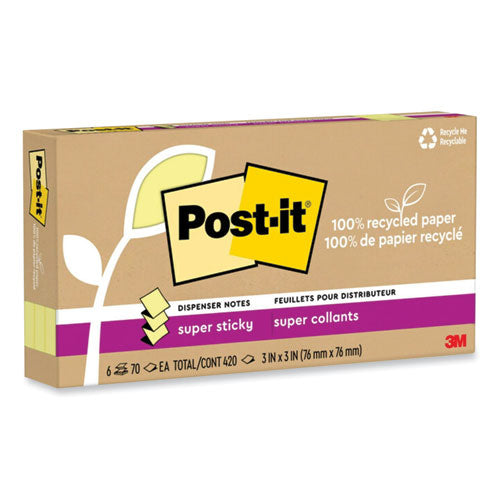 Image of Post-it® Notes Super Sticky 100% Recycled Paper Super Sticky Notes, 3" x 3", Canary Yellow, 70 Sheets/Pad, 6 Pads/Pack