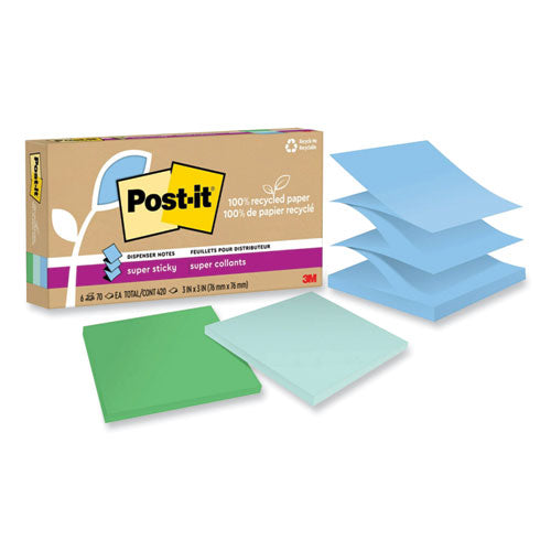Image of Post-it® Notes Super Sticky 100% Recycled Paper Super Sticky Notes, 3" x 3", Oasis, 70 Sheets/Pad, 6 Pads/Pack