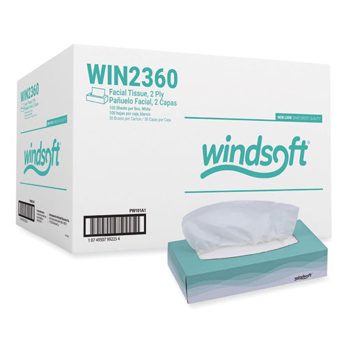 Image of Windsoft® Facial Tissue, 2 Ply, White, Flat Pop-Up Box, 100 Sheets/box, 30 Boxes/carton