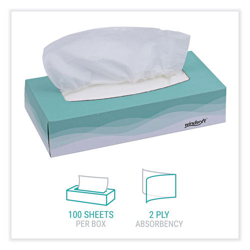 Image of Windsoft® Facial Tissue, 2 Ply, White, Flat Pop-Up Box, 100 Sheets/box, 30 Boxes/carton