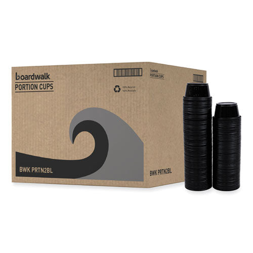 Image of Boardwalk® Souffle/Portion Cups, 2 oz, Plastic, Black, 125/Sleeve, 20 Sleeves/Carton