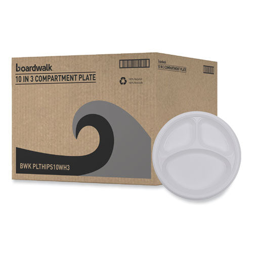 Image of Boardwalk® Hi-Impact Plastic Dinnerware, 3-Compartment Plate, 10" dia, White, 500/Carton