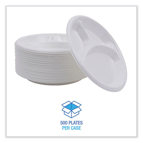 Image of Boardwalk® Hi-Impact Plastic Dinnerware, 3-Compartment Plate, 10" dia, White, 500/Carton