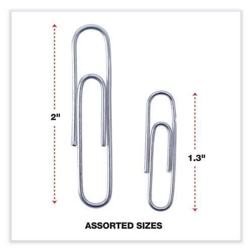 Image of Universal® Plastic-Coated Paper Clips with Two-Compartment Dispenser Tub, (750) #2 Clips, (250) Jumbo Clips, Silver