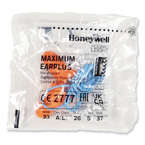Image of Howard Leight® by Honeywell MAXIMUM Single-Use Earplugs, Corded, 33NRR, Coral, 100 Pairs