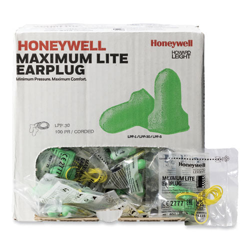 Image of Howard Leight® by Honeywell MAXIMUM Lite Single-Use Earplugs, Corded, 30NRR, Green, 100 Pairs