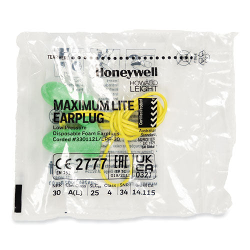 Image of Howard Leight® by Honeywell MAXIMUM Lite Single-Use Earplugs, Corded, 30NRR, Green, 100 Pairs