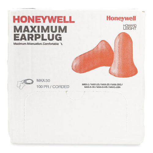 Image of Howard Leight® by Honeywell MAXIMUM Single-Use Earplugs, Corded, 33NRR, Coral, 100 Pairs