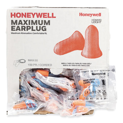 Image of Howard Leight® by Honeywell MAXIMUM Single-Use Earplugs, Corded, 33NRR, Coral, 100 Pairs
