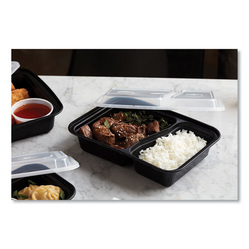 Image of Pactiv Evergreen Newspring VERSAtainer Microwavable Containers, Rectangular, 2 Compartments, 30 oz, Black/Clear, Plastic, 150/Carton