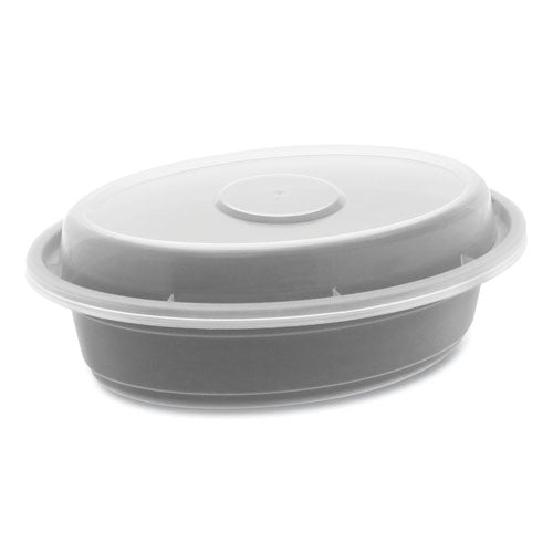 Image of Pactiv Evergreen Newspring VERSAtainer Microwavable Containers, Oval, 8 oz, 5.7 x 4 x 1.45, Black/Clear, Plastic, 150/Carton