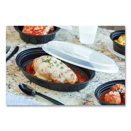 Image of Pactiv Evergreen Newspring VERSAtainer Microwavable Containers, Oval, 24 oz, 9.1 x 6.7 x 1.45, Black/Clear, Plastic, 150/Carton