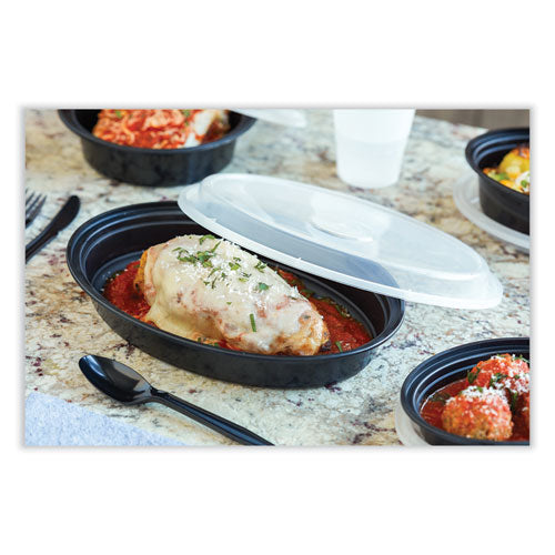 Image of Pactiv Evergreen Newspring VERSAtainer Microwavable Containers, Oval, 6 oz, 5.7 x 4 x 1.1, Black/Clear, Plastic, 150/Carton