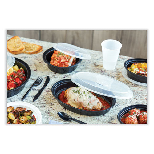 Image of Pactiv Evergreen Newspring VERSAtainer Microwavable Containers, Oval, 24 oz, 9.1 x 6.7 x 1.45, Black/Clear, Plastic, 150/Carton