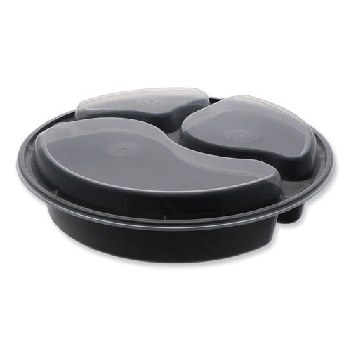 Image of Pactiv Evergreen Newspring VERSAtainer Microwavable Containers, Round, 3 Compartments, 39 oz, 9 x 9 x 2.25, Black/Clear, Plastic, 150/Carton