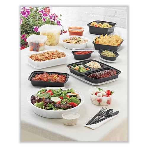 Image of Pactiv Evergreen Newspring VERSAtainer Microwavable Containers, Round, 3 Compartments, 39 oz, 9 x 9 x 2.25, Black/Clear, Plastic, 150/Carton